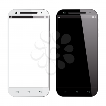 Realistic black and white smartphone isolated on white background. Vector design smart phones. Mobile phone mockup.
