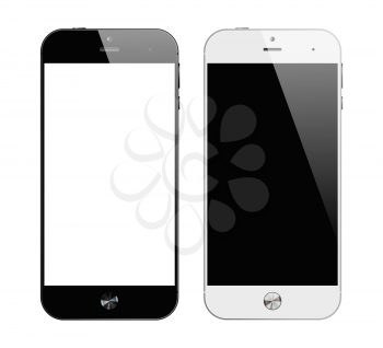 Realistic black and white smartphone. Mobile phone isolated on white background. Vector design smart phones. 