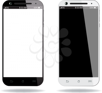 Realistic black and white smartphones on white background. Vector design.