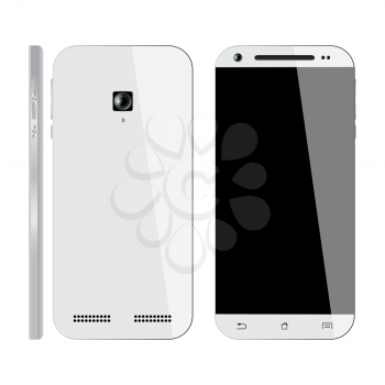 Realistic white Smartphone with blank screen, isolated on white background. Front, Back and Side view. Mockup design. Vector illustration.