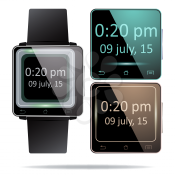 Realistic multicolored smartwatches on white background. Vector design.