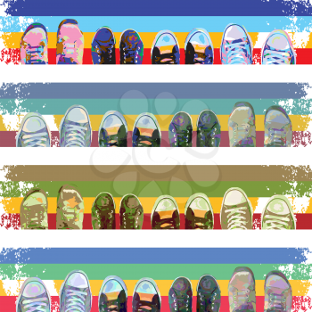 Abstract cartoon sneakers on colored stripes. Top view. Vector design.