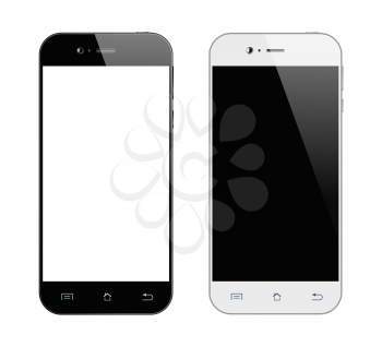 Realistic black and white smartphone. Mobile phone isolated on white background. Vector design smart phones. 