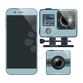 Set of smartphone and two action camera. Videography, photography equipment. Vector illustration