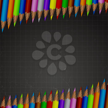 Back to school background. Black chalkboard and colored pencils. Vector illustration.