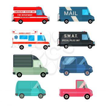 Set of the various cars icons. Fire, ambulance, police, mail bus and different cargo delivery trucks. Vehicles isolated on white background. Vector illustration.