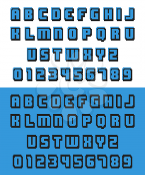Alphabet pixel font. Letters and numbers old video game design. Vector illustration.