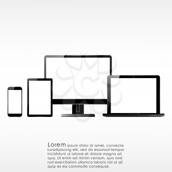 Set of PC monitor, smartphone, laptop and computer tablet. Electronic devices with blank screens. Vector illustration.