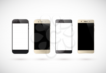 Four black and white smartphones. Mobile phone isolated with blank screen. Vector illustration.