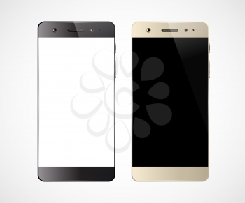 Two smartphones isolated on white background. Cell phone mockup design. Mobile phone with blank screen. Vector illustration.