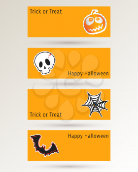 Halloween pumpkin, skull, cobweb and bat. Website spooky banner or header template. Vector illustration.