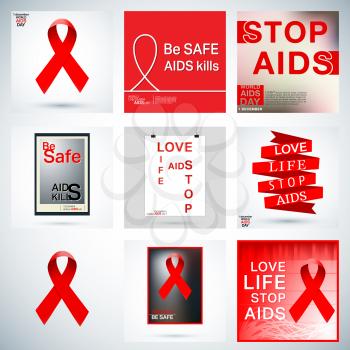 Set of Acquired Immune Deficiency Syndrome poster, badge, logo, icon. World AIDS Day. Red ribbons. HIV - STI. Vector illustration.