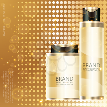 Cosmetic bottle on golden background. Beautiful essentials designed for cover, magazine, promotion, web page, website, presentation or poster. Vector illustration.