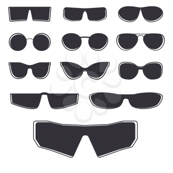 Set of glasses isolated on white background. Various design sunglasses and eyeglasses templates. Vector illustration.
