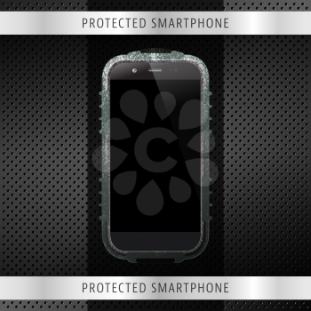 Protected smartphone on technology background. Mobile or cell phone with protective case. Vector illustration.