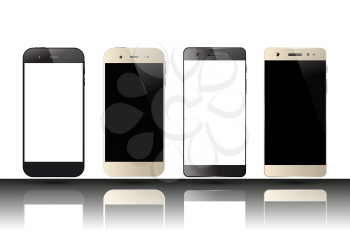 Smartphones with blank screens. Set of cell phones. Mobile phone mockup design. Vector illustration.