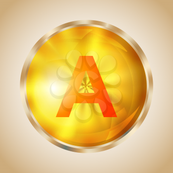 Vitamin A gold shining pill icon. Retinol capsule symbol. Vector illustration.