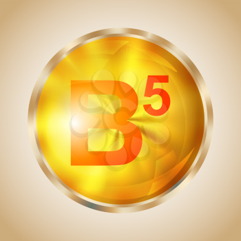 Vitamin B5 gold shining pill icon. Pantothenic acid capsule symbol. Vector illustration.