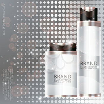 Cosmetic bottle on silver background. Beautiful essentials designed for cover, magazine, promotion, web page, website, presentation or poster. Vector illustration.
