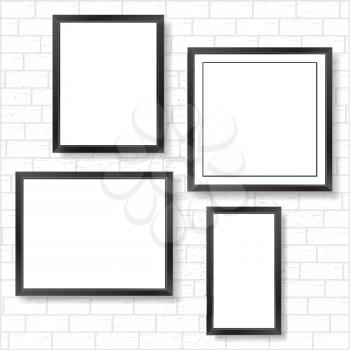 Blank photo or picture frame on white brick wall. Set of poster frames for mockup design. Vector illustration.