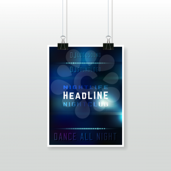 Night club flyer with binder clips hanging against grey background. Dance party poster template. Vector illustration.