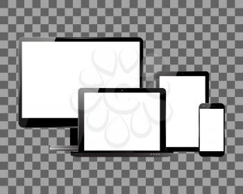 PC monitor, smartphone, laptop and computer tablet on transparent background. Set of electronic devices with blank screens. Vector illustration.