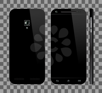 Realistic black smartphone with blank screen. Front, back and side view. Cell phone mockup design. Mobile phone vector illustration.