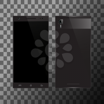 Black smartphone with blank screen. Front and back view. Cell phone mockup design. Mobile phone vector illustration.