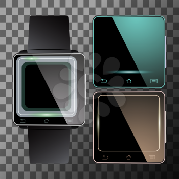 Set of smart watch with blank screen. Electronic digital watches. Vector illustration.