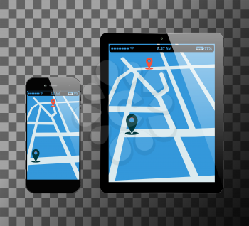 Smartphone and PC tablet with location mark on screen. Mobile phone and computer tablet with GPS navigation app. Vector illustration.