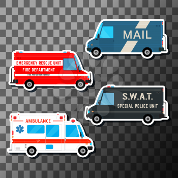 Set of service vans. Various city urban traffic vehicles. Mail delivery, fire department, police swat bus and ambulance truck. Vector illustration.