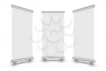 Blank roll up banner stand template. Roll-up banner display isolated on white background. Vector illustration.