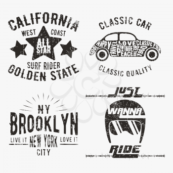 T-shirt print design. Set of various vintage stamp. Printing and badge applique label t-shirts, jeans, casual wear. Vector illustration.