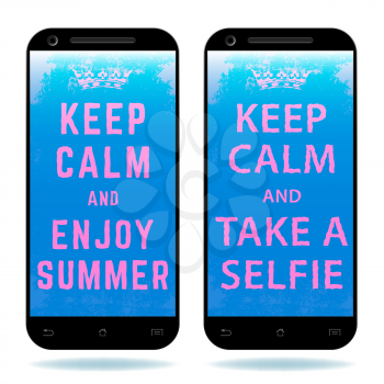 Smartphone with text Keep Calm and Enjoy Summer - Take a Selfie. Vector illustration.