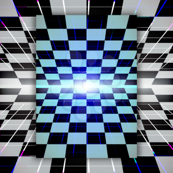 Retro checkerboard background. Perspective vintage sci-fi backdrop. Vector illustration.