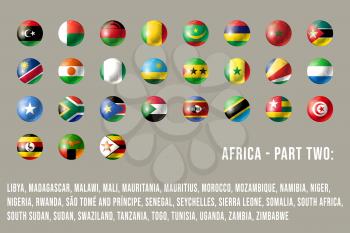 Africa flags - part 2. Glossy round button flag set. Vector illustration.