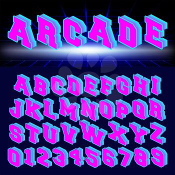 Arcade alphabet font design. Set of letters and numbers 80s retro style. Vector illustration.