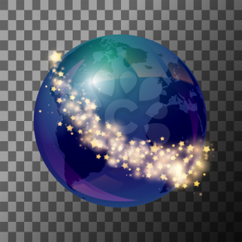 Blue globe earth with stars on transparent background. Vector illustration.