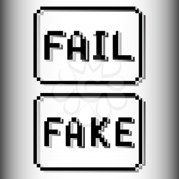 Fail and Fake pixel stamp. Old video game design text message. Vector illustration.