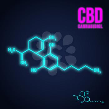 Cannabis icon. Cannabidiol formula neon light design. Vector illustration.