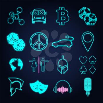 Set of various neon light sign and symbol. Vector illustration.