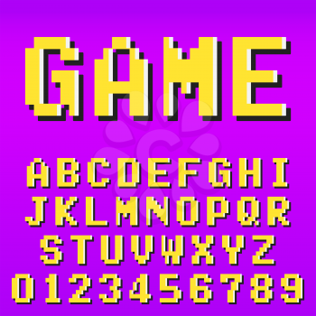 Old video game alphabet font template. Set of letters and numbers pixel design. Vector illustration.