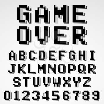 Old video game alphabet font template. Set of letters and numbers black and white pixel design. Vector illustration.