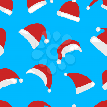 Christmas hat seamless pattern isolated on blue background. Santa Claus hats set. Happy New Year and Merry Christmas background. Vector illustration.