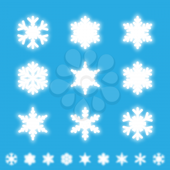 Snowflakes isolated set. White neon light snow flakes design for greeting card, cover brochure or party flyer. Vector illustration.