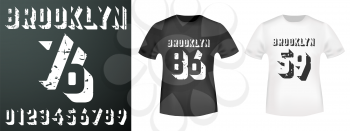 Brooklyn numbers stamp and t shirt mockup. T-shirt print design. Printing and badge applique label t-shirts, jeans, casual wear. Vector illustration.
