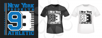 T-shirt print design. New York 98 vintage stamp and t shirt mockup. Printing and badge, applique, label, t-shirts, jeans, casual and urban wear. Vector illustration.