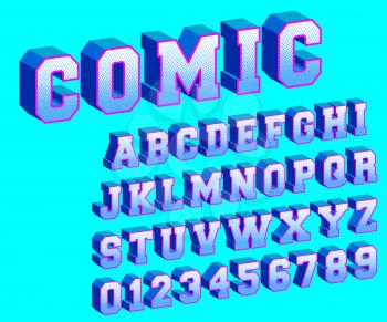 Comic alphabet template. Letters and numbers halftone design. Vector illustration.