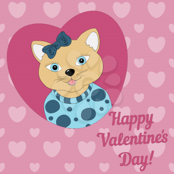 A cat with a blue bow. Print for clothing, postcards.Valentine's day