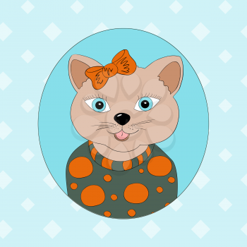A cat with an orange bow. Print for children's clothing, books, postcards